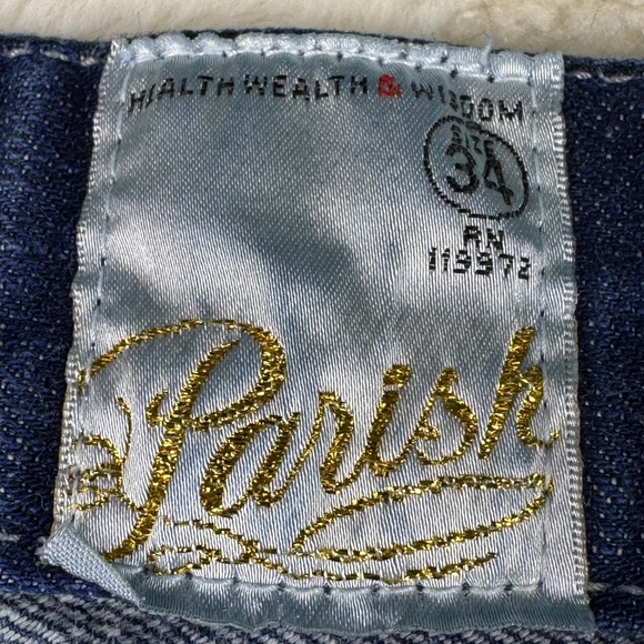 Parish Mens Jeans Distressed Blue Denim Green Accent Stitching Stylish - Picture 11 of 16